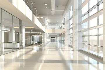 Bright, modern office hallway with large windows