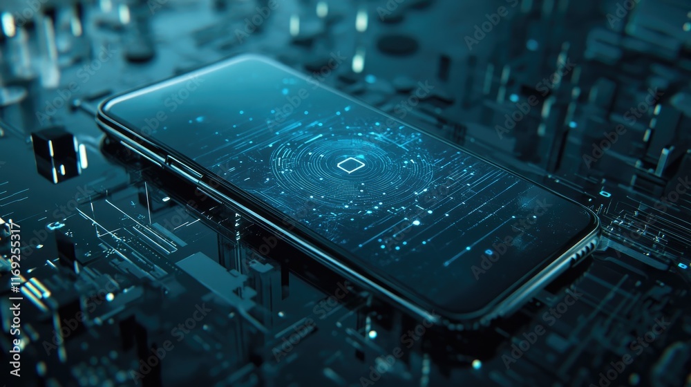 Poster A sleek modern phone surrounded by digital elements, representing the concept of the future calling with limitless potential.