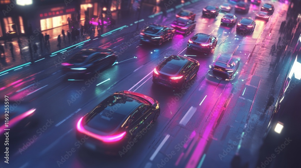 Poster a smart city with a fleet of connected vehicles, featuring cars interacting with traffic systems and