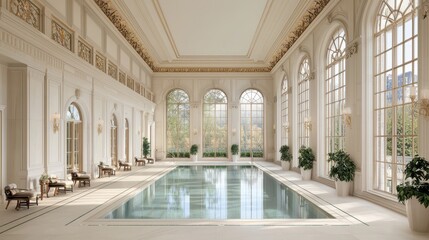 Fototapeta premium Luxurious Indoor Pool Area with Elegant Windows and Natural Light in a Stylish Home Environment