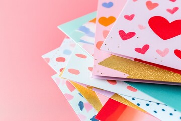 many Valentines cards stacked in a pile top view, cards have watercolor and modern prints with hearts
