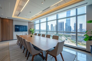 Modern conference room with city view