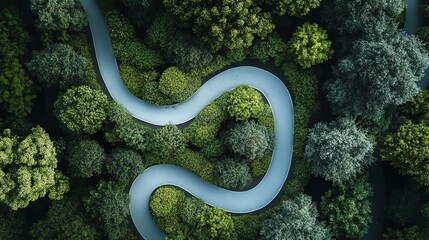 Aerial view of a winding river amidst lush green forest.