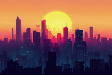 Fototapeta premium Sunset over city skyline with light rays shining through buildings in evening