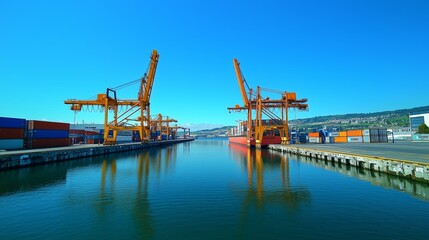 Industrial Port Scene with Cranes and Clear Blue Sky Reflections