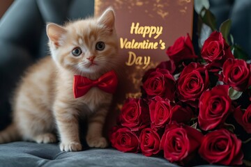 Cute kitten wearing bow tie celebrating valentine's day with red roses