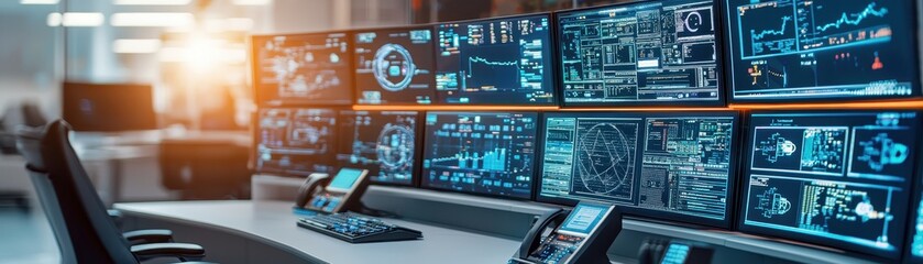 A modern control room with multiple screens displaying data and analytics, designed for monitoring and operations.