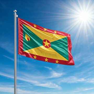 national flag of grenada waving against blue sky, flags of the nation, blowing in the wind
