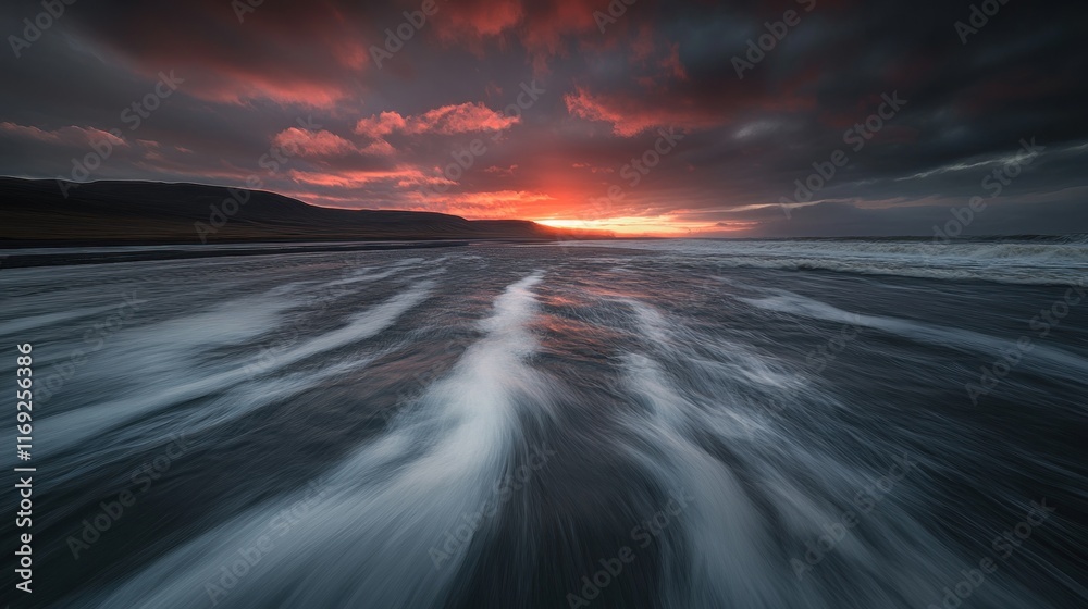 Poster A dramatic sunset over a beach with waves creating a dynamic foreground.