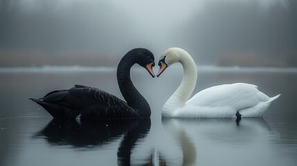 Romantic encounter: black and white swans in foggy lake reflection