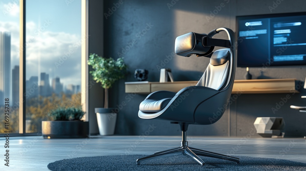 Poster a stylish home learning space with an ergonomic chair and virtual reality gear, representing the fus