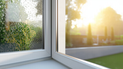 Window with condensation and garden view in sunlight