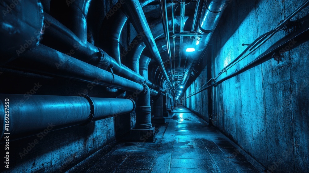 Poster a surreal underground space with glowing pipes and a soft blue light, creating a mysterious and atmo