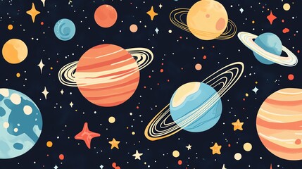 Colorful planets and stars in a whimsical cosmic design.