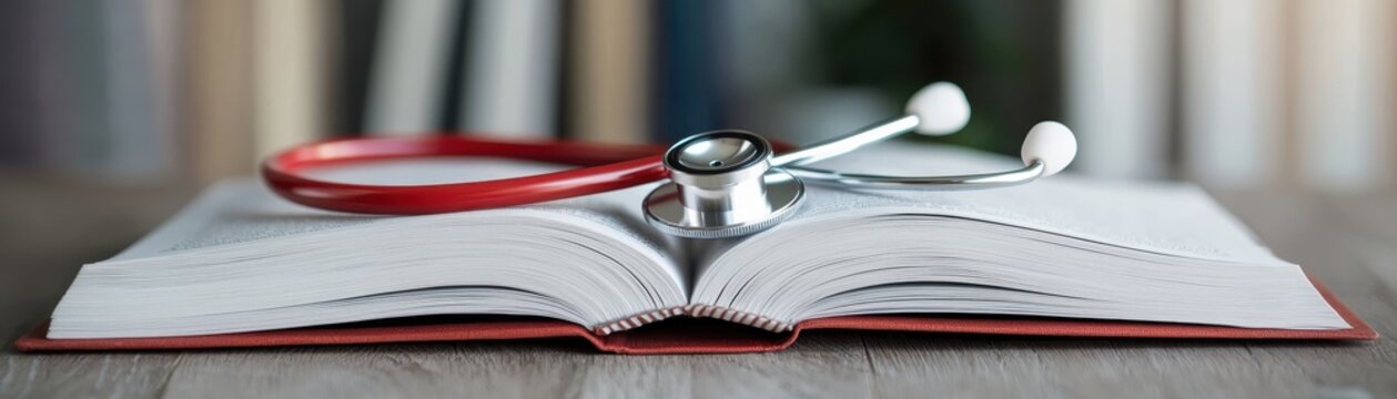 An open book rests on a table, with a stethoscope draped over its pages, symbolizing the connection between medicine and education.