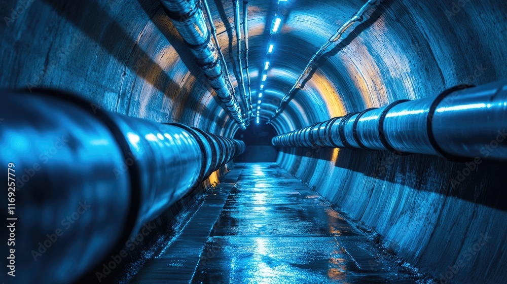 Poster a surreal underground tunnel with glowing pipes and a mysterious ambiance, illuminated by soft blue 