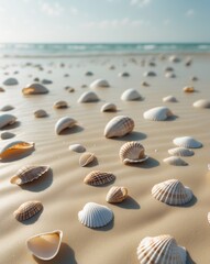 Seashells scattered on smooth golden sand by ocean.
