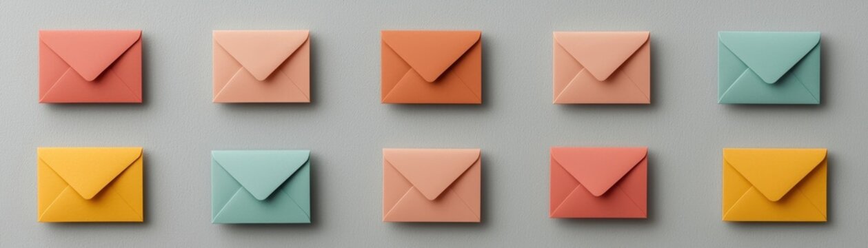 A colorful arrangement of envelopes on a soft background, showcasing a variety of pastel shades and simple, geometric designs.