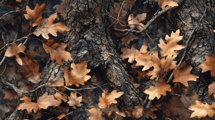 Dry oak leaves covering forest floor in autumn