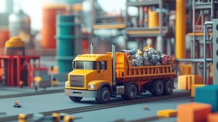 A vibrant model truck transporting materials in an industrial environment, with large structures and colorful elements symbolizing the dynamic industrial sector.