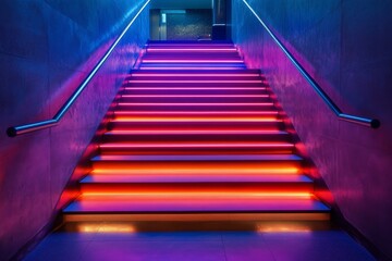 Fototapeta premium Bright neon-lit staircase in urban setting with vibrant colors creates captivating atmosphere