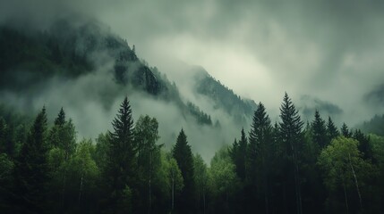 Misty mountain forest view with lush greenery and dense fog.