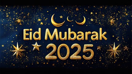 Fototapeta premium Elegant Eid Mubarak 2025 greeting with gold text, moons, and stars on a dark blue, sparkly background. Ideal for social media posts, cards, or banners.