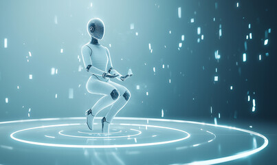 Obraz premium A futuristic robot figure is seated in a digital space with glowing elements, symbolizing advanced technology and innovation. Advertising