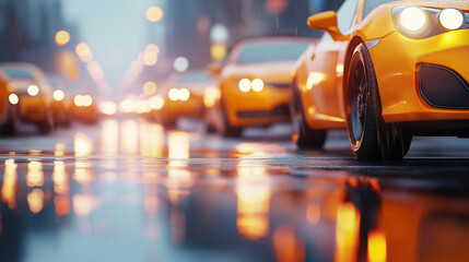 Yellow taxis in traffic on a rainy evening in the city