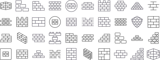 Building Line Icon Collection. Brick Wall Outline Signs for Graphic and Web Design, Apps, Adverts, Various Cards