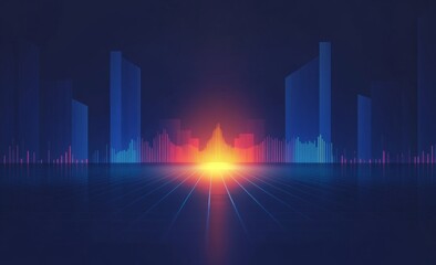 Obraz premium Simple vector graphic of an audio spectrum in blue, with a dark background and a reflection on the floor below.