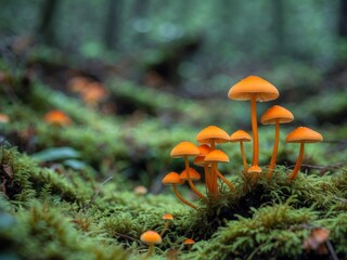 Fototapeta premium serene background of moss and fungi showcasing vibrant orange mushrooms.