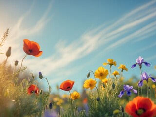 Vibrant flower garden with lush greenery and colorful blooms during sunny afternoon