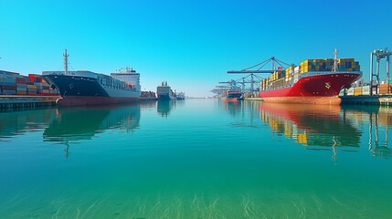 Obraz premium Serene Harbor Scene with Cargo Ships Under Clear Blue Sky