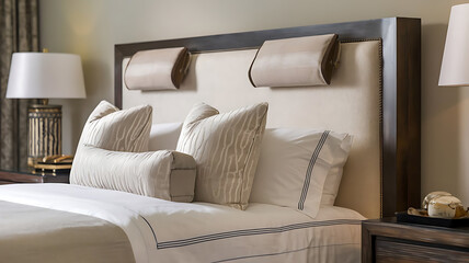 A neatly made bed with a dark brown upholstered headboard featuring beige fabric-covered bolsters.  The bedding is primarily off-white with subtle grey accents.  Two table lamps flank the bed.