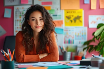 Virtual marketing specialist analyzes social media trends in creative workspace