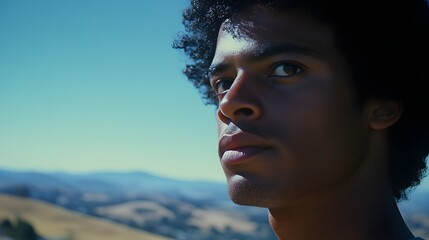 A film still of 1980s silicon valley companies. close up of a biracial man staring at companies and Hills are seen in the distant background