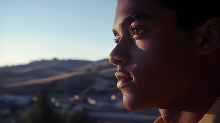 A film still of 1980s silicon valley companies. close up of a biracial man staring at companies and Hills are seen in the distant background
