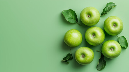 Obraz premium Fresh green apples with leaves on a soft green background copy space