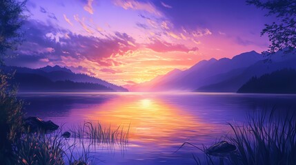 Stunning sunset over a tranquil lake with mountains in background.