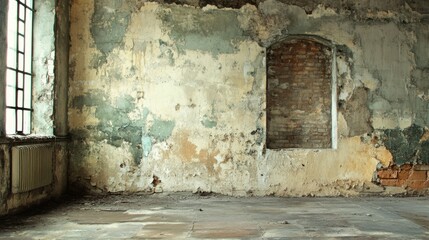 Abandoned Room with Crumbling Walls and Empty Window Frame
