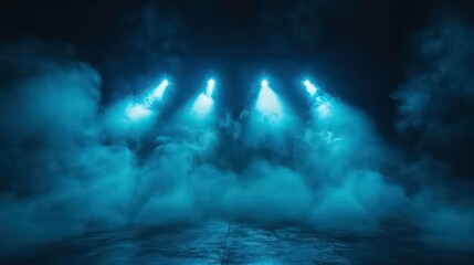 Illuminated stage with scenic lights and smoke. Blue spotlight with smoke volume light effect on black background. Stadium cloudiness projector,