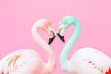 Naklejka premium two flamingos standing close to each other creating a heart shape, close up, pink solid color background, valentines day card