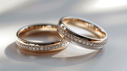 Elegant wedding rings resting on a soft surface reflecting warm light