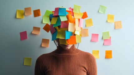 Abstract overwork concept of a person with their face entirely covered with colorful sticky notes, standing against a neutral background.