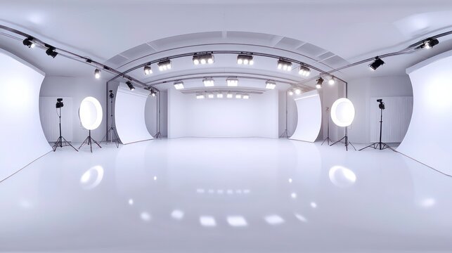 immersive 360degree panorama of minimalistic studio with bright lights hdri vr environment 3d illustration