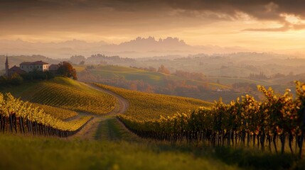 Naklejka premium Serene Landscape of Rolling Vineyards Under a Golden Sunset with Misty Mountains in the Distance