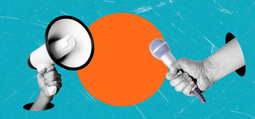 Modern art collage featuring hand-holding microphone and megaphone on a blue background.