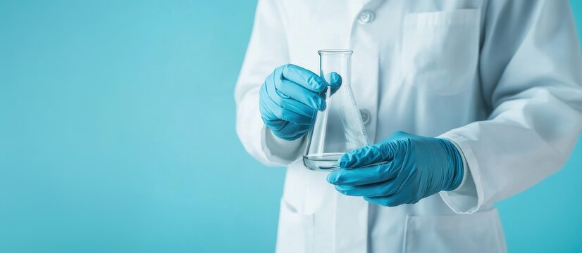 Scientist wearing blue gloves and a white lab coat holds a glass flask on blue background with copy space.
