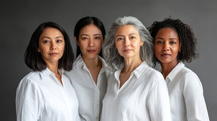 Fototapeta premium A group of four diverse confident women of different ages and ethnicities pose together in white shirts against a neutral gray background, representing woman empowerment.